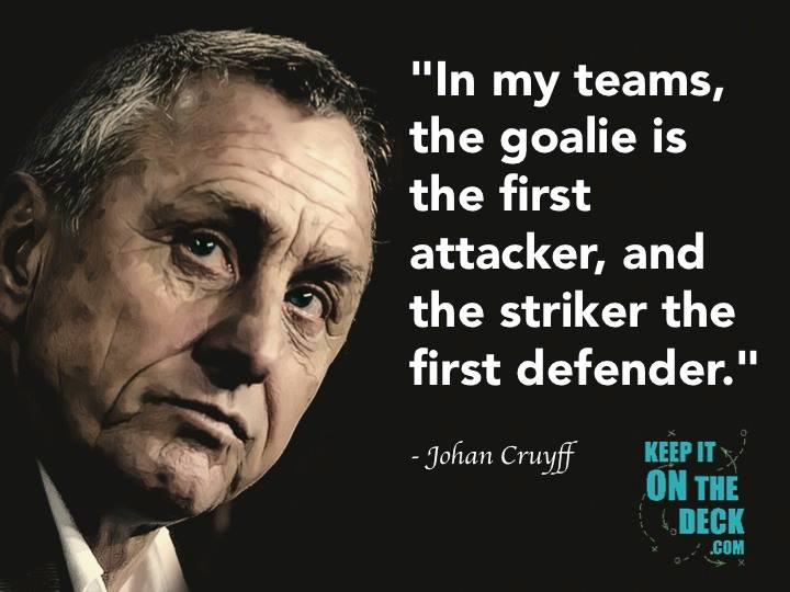 Johan Cruyff'un unutulmaz sözleri 1 Johan Cruyff: Benim takımımda santrfor ilk savunmacı, kaleci ise ilk atak oyuncudur.