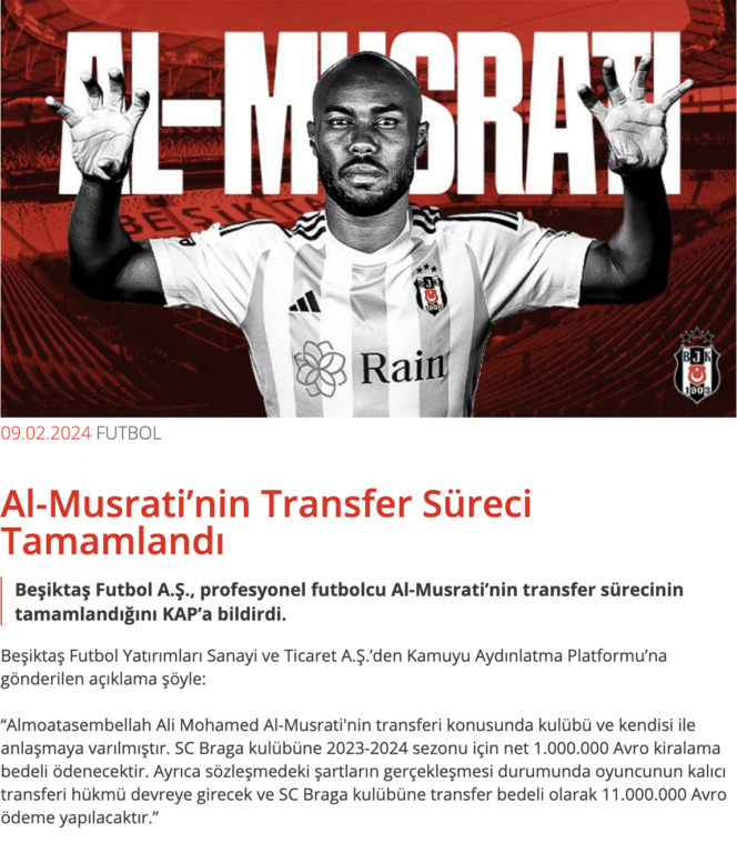 Beşiktaş Futbol A.Ş., profesyonel futbolcu Al-Musrati’nin transfer sürecinin tamamlandığını KAP’a bildirdi. 