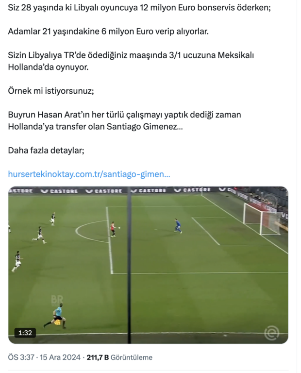 Buyrun Hasan Arat’ın her türlü çalışmayı yaptık dediği zaman Hollanda’ya transfer olan Santiago Gimenez