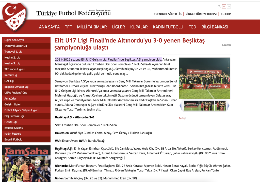 2022 yılında Semih Kılıçsoy'un oynadığı yaş gurubunda Beşiktaş Elit U17 Liginin Finali'nde Altınordu'yu 3-0 yenerek şampiyon oldu.